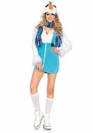 Female Olaf the Snowman from Frozen, costume dress, hood, front zipper, buttons, suspenders